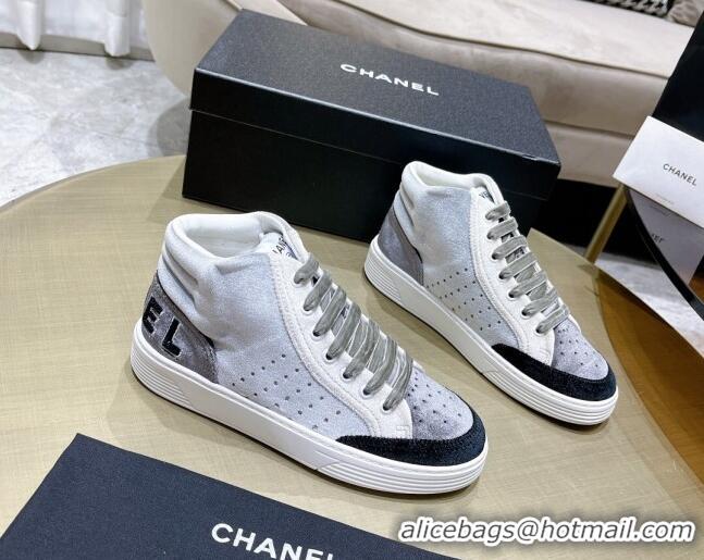 Cute Chanel Velvet High-Top Sneakers 111103 Gray