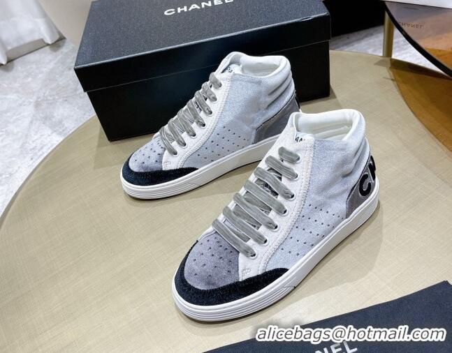 Cute Chanel Velvet High-Top Sneakers 111103 Gray