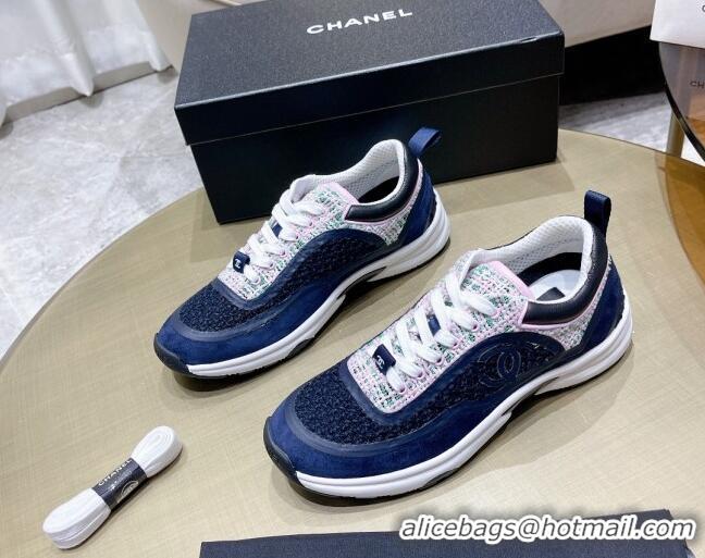 Classic Hot Chanel Tweed Sneakers G37122 Navy Blue/Pink