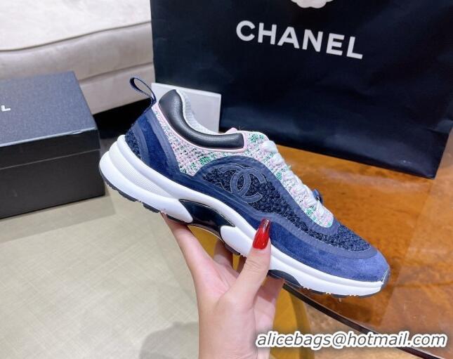 Classic Hot Chanel Tweed Sneakers G37122 Navy Blue/Pink