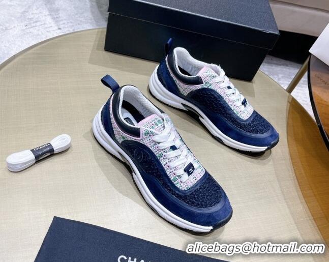 Classic Hot Chanel Tweed Sneakers G37122 Navy Blue/Pink