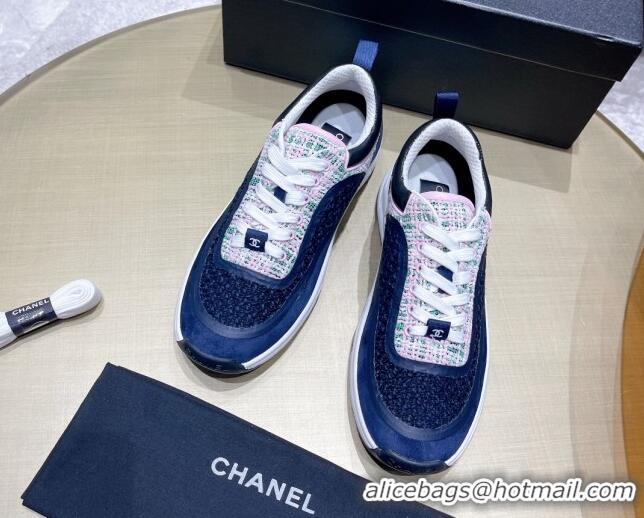 Classic Hot Chanel Tweed Sneakers G37122 Navy Blue/Pink