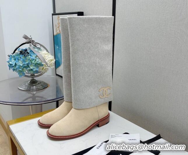 Top Quality Chanel Suede & Wool Blend High Boots 111136 Apricot/Gray