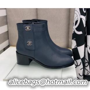 Top Quality Chanel Calfskin Ankle Short Boots 4.5cm with CC Buckle 111139 Navy Blue