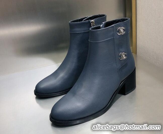 Top Quality Chanel Calfskin Ankle Short Boots 4.5cm with CC Buckle 111139 Navy Blue