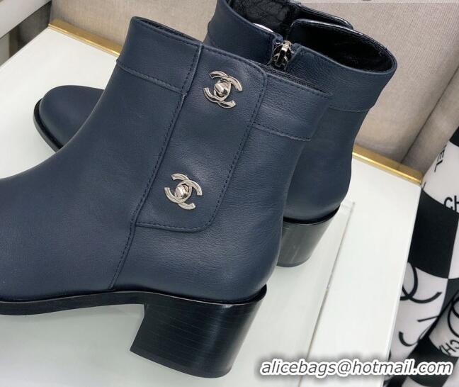 Top Quality Chanel Calfskin Ankle Short Boots 4.5cm with CC Buckle 111139 Navy Blue