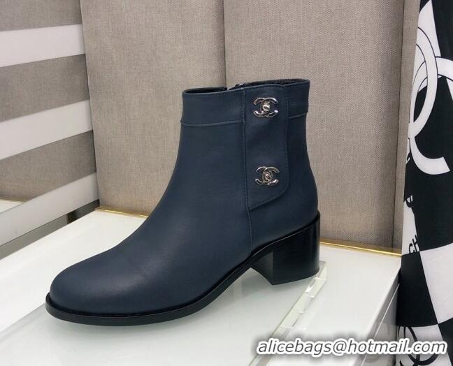 Top Quality Chanel Calfskin Ankle Short Boots 4.5cm with CC Buckle 111139 Navy Blue