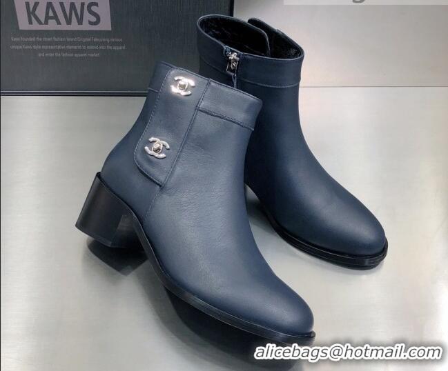 Top Quality Chanel Calfskin Ankle Short Boots 4.5cm with CC Buckle 111139 Navy Blue