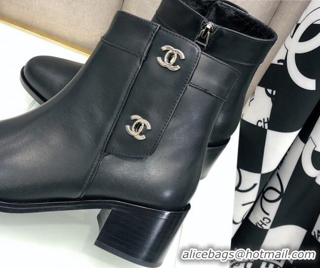 Low Price Chanel Calfskin Ankle Short Boots 4.5cm with CC Buckle 111139 Black