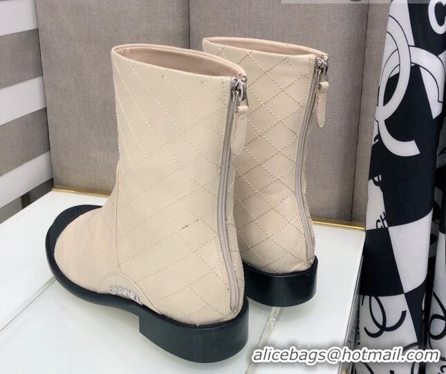 New Style Chanel Quilted Calfskin Ankle Short Boots with Side Logo Buckle 111143 Beige