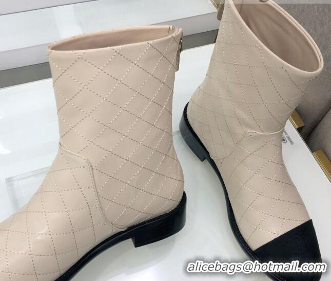 New Style Chanel Quilted Calfskin Ankle Short Boots with Side Logo Buckle 111143 Beige