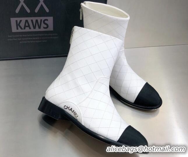 Shop Duplicate Chanel Quilted Calfskin Ankle Short Boots with Side Logo Buckle 111143 White