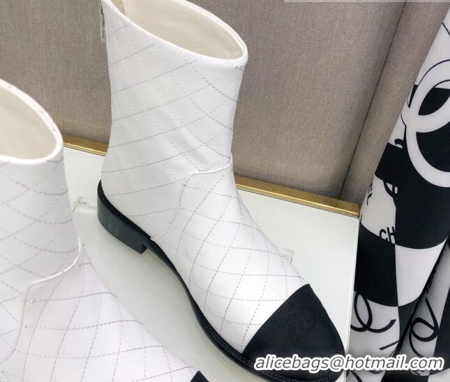 Shop Duplicate Chanel Quilted Calfskin Ankle Short Boots with Side Logo Buckle 111143 White