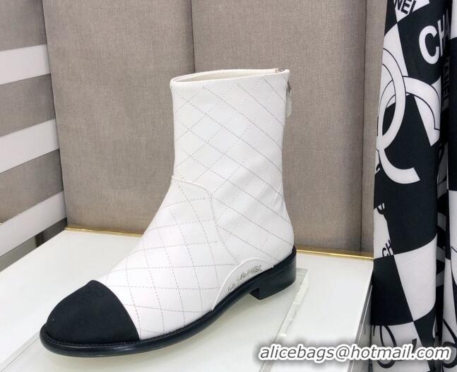 Shop Duplicate Chanel Quilted Calfskin Ankle Short Boots with Side Logo Buckle 111143 White