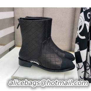 Low Cost Chanel Quilted Calfskin Ankle Short Boots with Side Logo Buckle 111143 Black