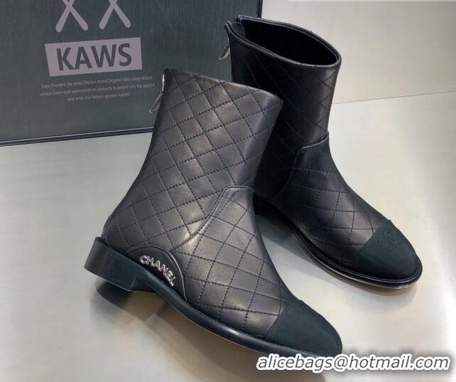 Low Cost Chanel Quilted Calfskin Ankle Short Boots with Side Logo Buckle 111143 Black