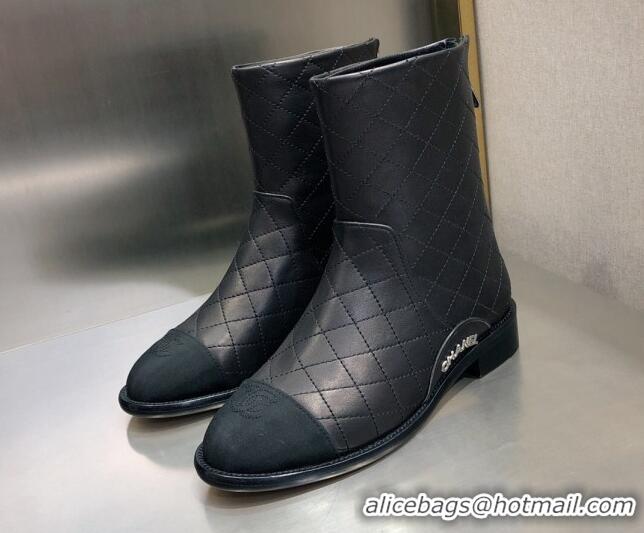 Low Cost Chanel Quilted Calfskin Ankle Short Boots with Side Logo Buckle 111143 Black