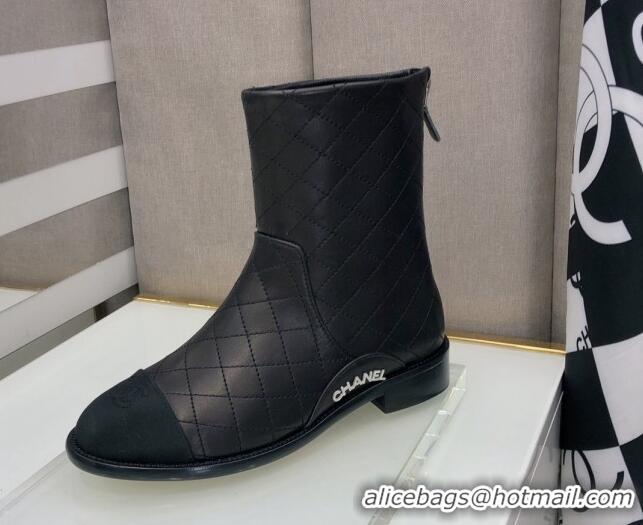 Low Cost Chanel Quilted Calfskin Ankle Short Boots with Side Logo Buckle 111143 Black