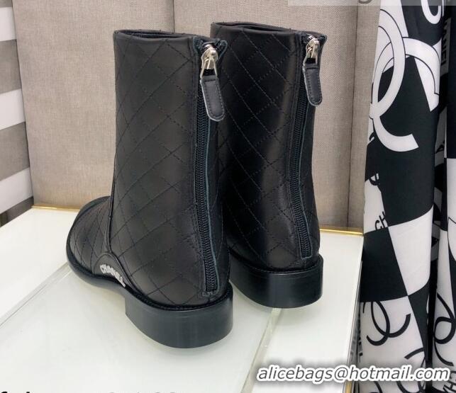 Low Cost Chanel Quilted Calfskin Ankle Short Boots with Side Logo Buckle 111143 Black