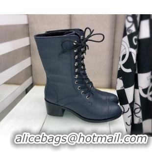 Modern Chanel Nappa Leather Lace-ups Boots 4.5cm 111147 Navy Blue