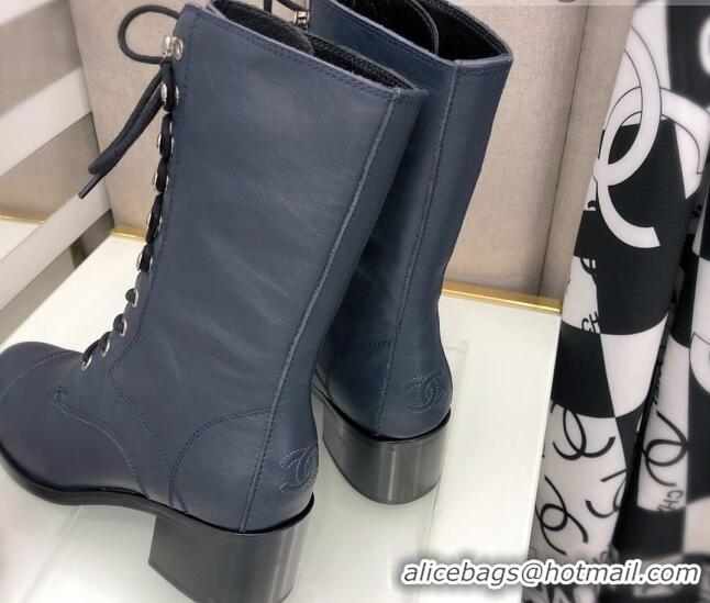 Modern Chanel Nappa Leather Lace-ups Boots 4.5cm 111147 Navy Blue