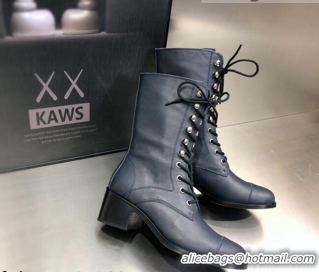 Modern Chanel Nappa Leather Lace-ups Boots 4.5cm 111147 Navy Blue