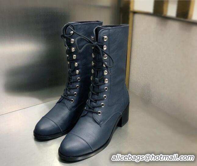 Modern Chanel Nappa Leather Lace-ups Boots 4.5cm 111147 Navy Blue