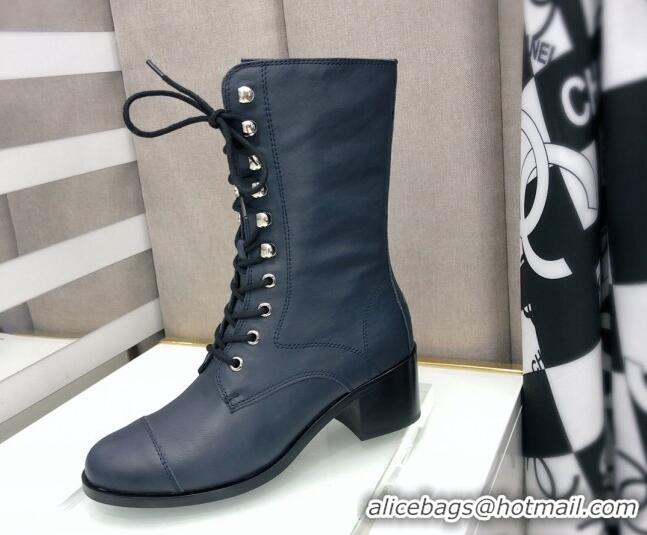 Modern Chanel Nappa Leather Lace-ups Boots 4.5cm 111147 Navy Blue