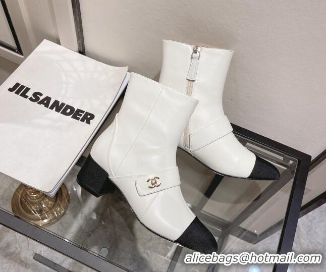 Elegant Chanel Calfskin CC Buckle Short Boots 5cm 111153 White