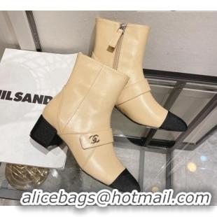 Good Quality Chanel Calfskin CC Buckle Short Boots 5cm 111153 Beige