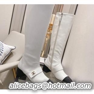 Perfect Chanel Calfskin CC Buckle High Boots 5cm 111159 White