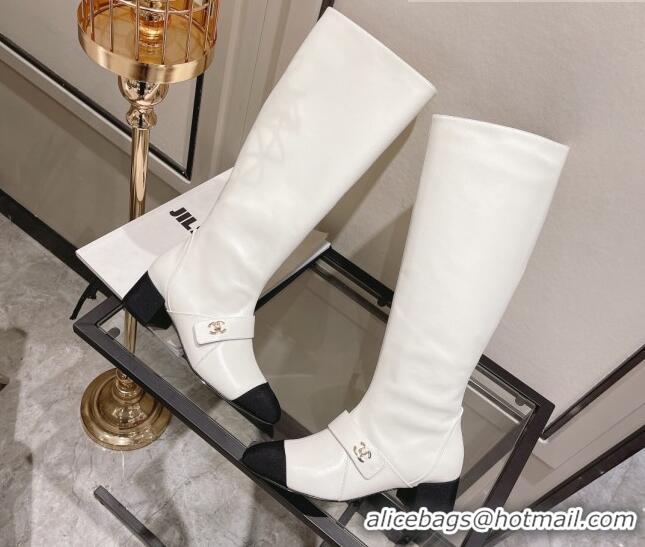 Perfect Chanel Calfskin CC Buckle High Boots 5cm 111159 White