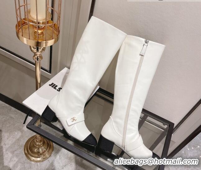 Perfect Chanel Calfskin CC Buckle High Boots 5cm 111159 White