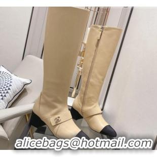 Best Design Chanel Calfskin CC Buckle High Boots 5cm 111159 Beige