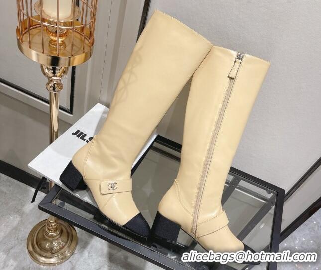 Best Design Chanel Calfskin CC Buckle High Boots 5cm 111159 Beige