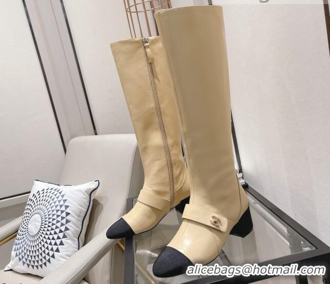 Best Design Chanel Calfskin CC Buckle High Boots 5cm 111159 Beige