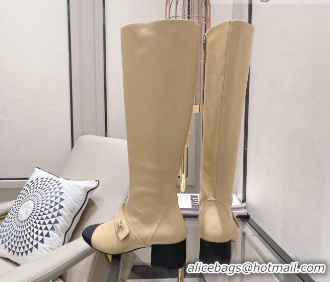 Best Design Chanel Calfskin CC Buckle High Boots 5cm 111159 Beige