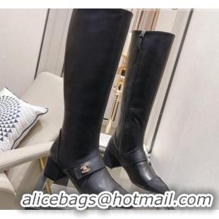 Best Price Chanel Calfskin CC Buckle High Boots 5cm 111159 Black