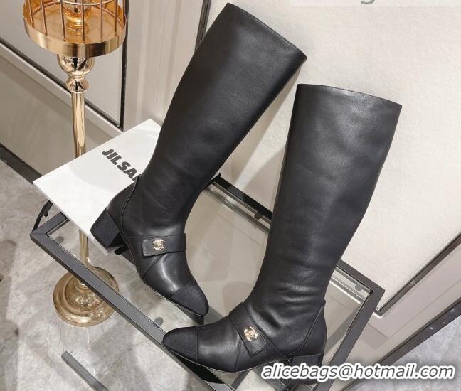 Best Price Chanel Calfskin CC Buckle High Boots 5cm 111159 Black