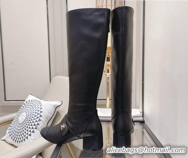 Best Price Chanel Calfskin CC Buckle High Boots 5cm 111159 Black