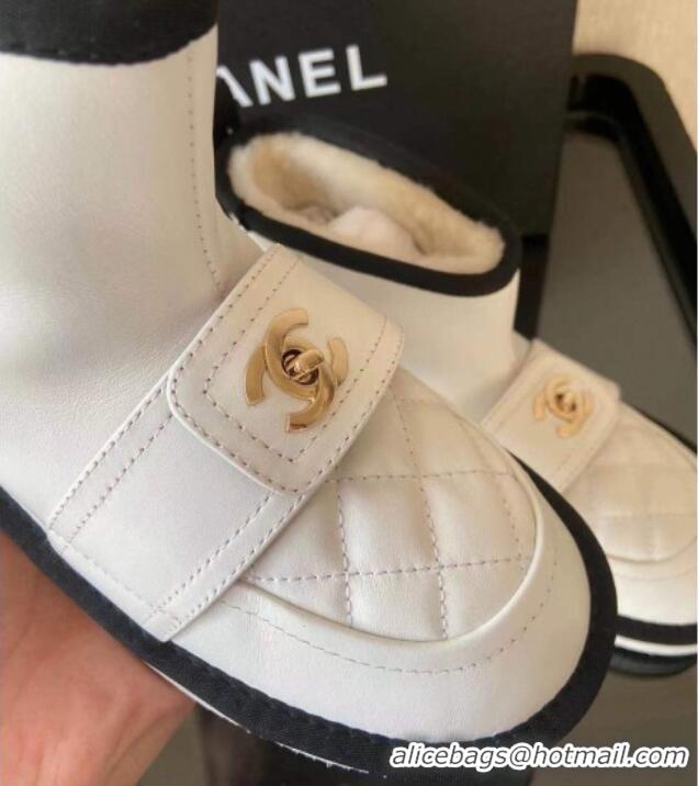 Low Price Chanel Soft Calfskin Ankle Short Boots with CC Buckle 111169 White