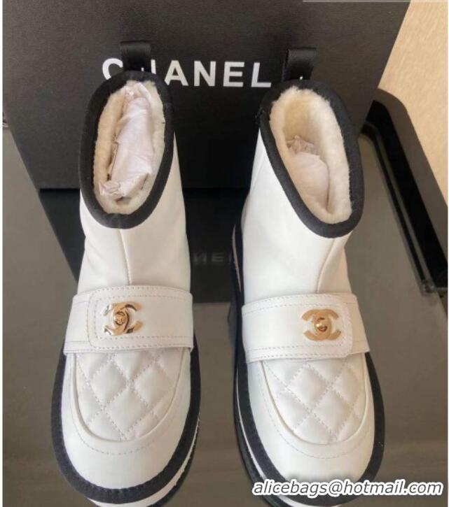 Low Price Chanel Soft Calfskin Ankle Short Boots with CC Buckle 111169 White