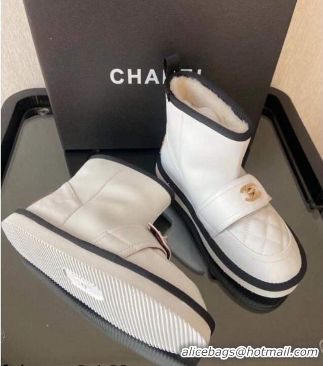 Low Price Chanel Soft Calfskin Ankle Short Boots with CC Buckle 111169 White