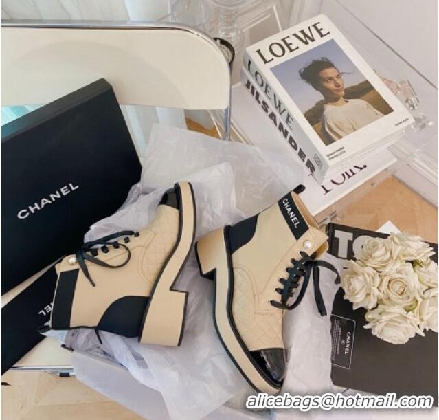 Best Price Chanel Lambskin Logo Pearl Lace-ups Ankle Boots G38514 Beige