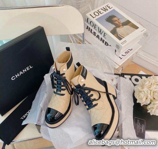 Best Price Chanel Lambskin Logo Pearl Lace-ups Ankle Boots G38514 Beige