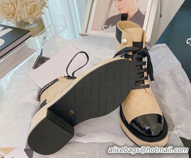 Best Price Chanel Lambskin Logo Pearl Lace-ups Ankle Boots G38514 Beige