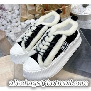 Top Quality Chanel Canvas Wool Logo Patch Sneakers 111176 Black