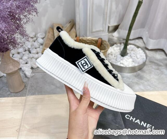 Top Quality Chanel Canvas Wool Logo Patch Sneakers 111176 Black