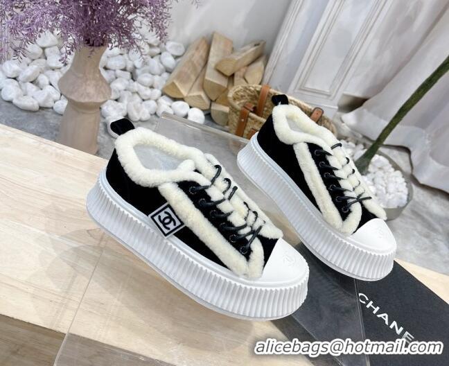 Top Quality Chanel Canvas Wool Logo Patch Sneakers 111176 Black