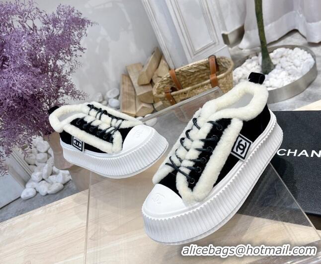 Top Quality Chanel Canvas Wool Logo Patch Sneakers 111176 Black